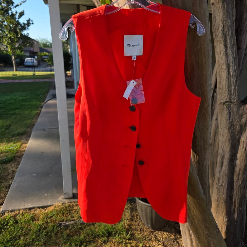 Nwt Madewell Cutaway Long Vest In Bright Flame Size 12 - V-Neckline Four-Button.